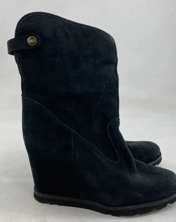 UGG KYRA Black Suede Hidden Wedge Boots Womens Size 7 Pull On Button