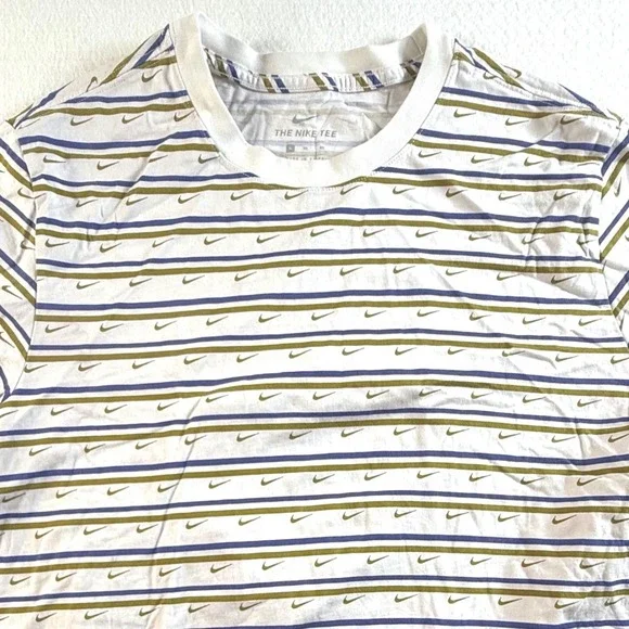 Nike T-Shirt Mens XL Striped All Over Print Swoosh Logo White Blue‎ Olive