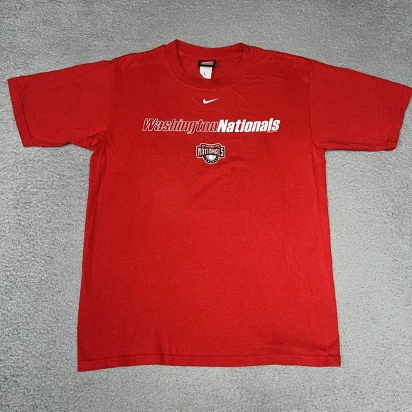 VTG Nike Team Washington Nationals T Shirt Men's Size L Red Center Swoosh Tee