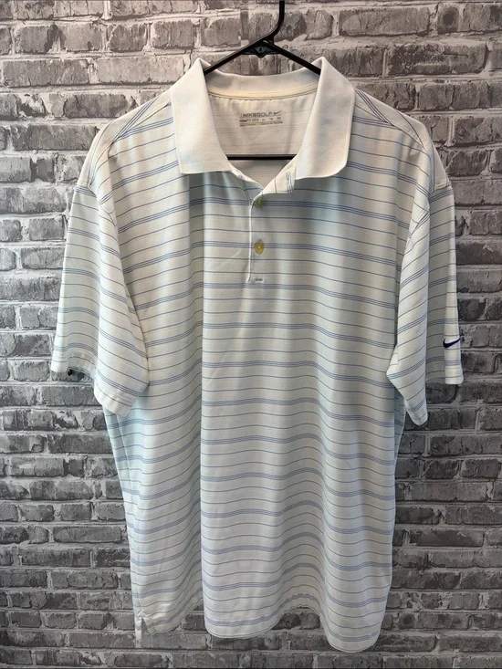 Nike Men’s White Polo with Light Blue‎ Pinstripes