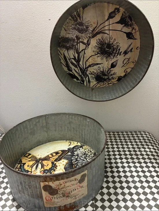 Rustic Metal Decorative Wall Bins with Butterfly & Floral Liner