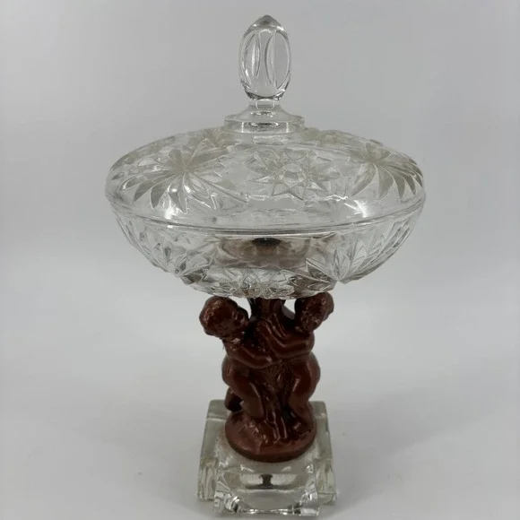 Candy Dish Medium Clear Bronze Cherub Putti Crystal‎ Glass Mythological Regency