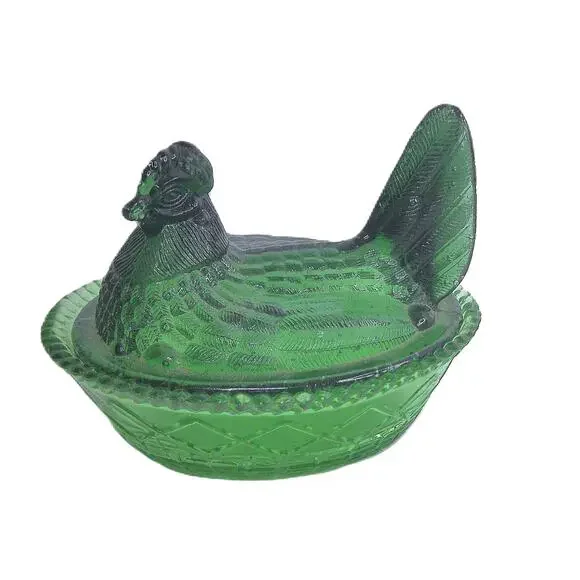 Vintage Westmoreland Green Glass Hen On Nest Candy Dish 5