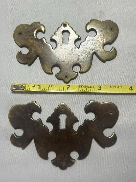 2 Vintage Brass Chippendale Style Lock Plates for Drawers or Cabinets