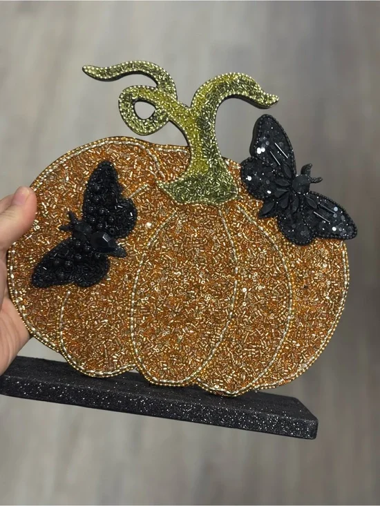 Beaded Orange Pumpkin Table Accent with Black Butterflies - Brand