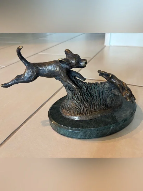 Dog Hunting Rabbit Small Heavy Bronze Statue