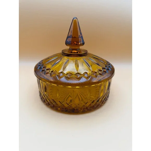 Vintage Amber Glass Candy Dish with Lid Diamond Point Sunburst Pattern 6 inch