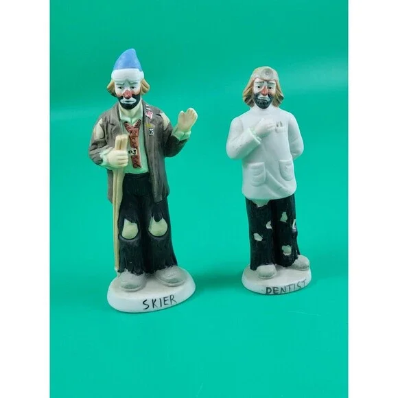 LOT of 2 Vintage Clowns Ceramic Emmett Kelly Jr Hobo Ornaments Dentist Skiier
