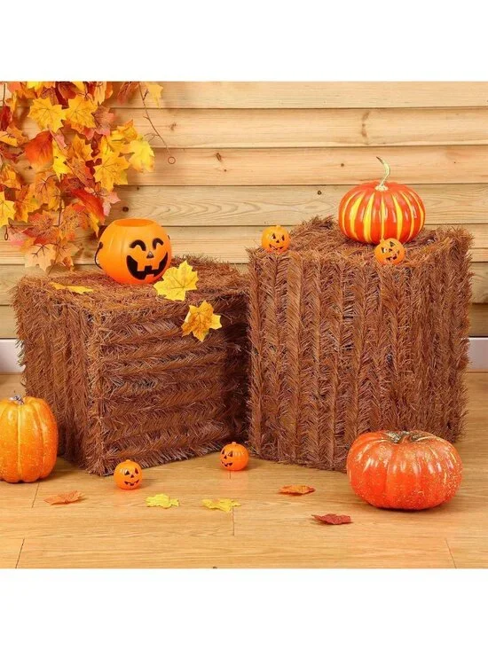 Set of 2 Decorative Faux Hay Straw Bales - Fall Home Decor, 18x14x14 Inches