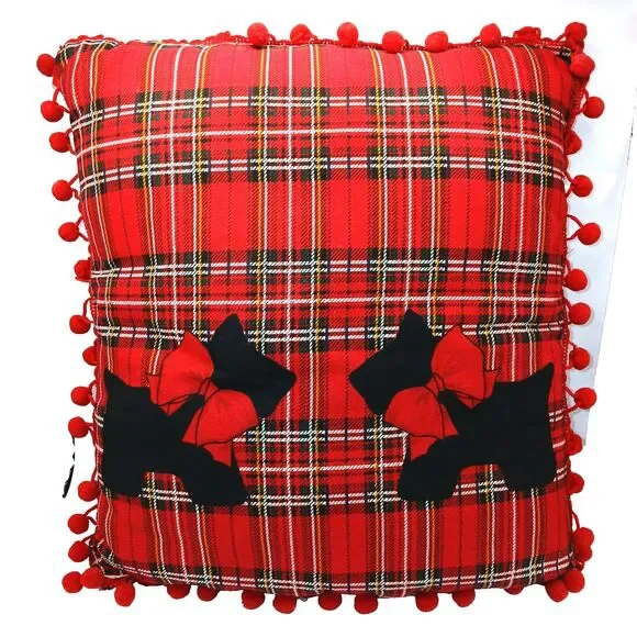 Scottie Dog Decorative Accent Throw Pillow Red Black Plaid PomPom Fringe 12x11