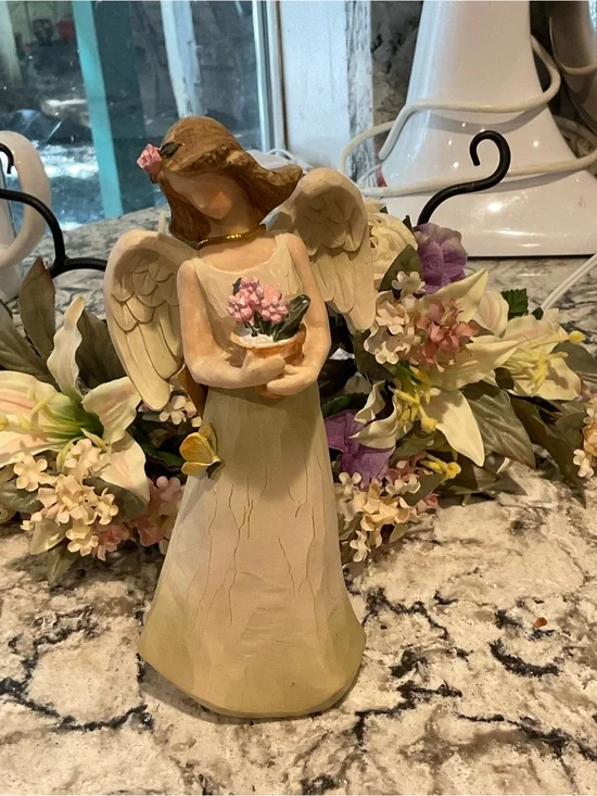 BR-Handcrafted Cream Angel Figurine with Pastel Floral Accents