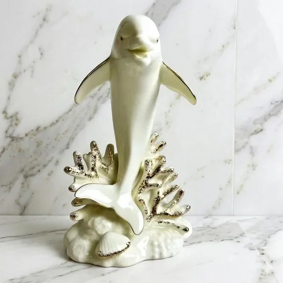 Vintage 1998 Lefton China Dolphin Figurine White Porcelain Nautical Marine Decor