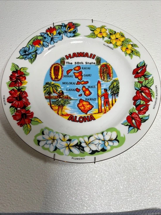 Vintage 1970's Hawaii Aloha Decorative Plate Floral Island Design Made Japan