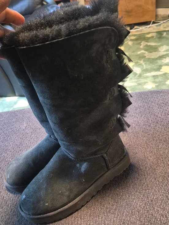 UGG Black Suede Mid-Calf Shearling Boots with Back Bow Detail