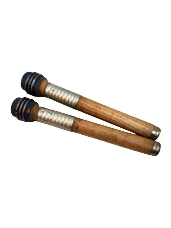 Vintage Wooden & Metal Weaving Bobbins With Blue Tips Set Of 2 Primitive country