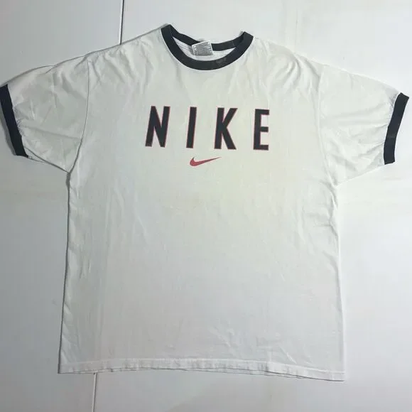 Vintage 90s Y2K Made In USA Nike Large White Ringer Tee Rare White Tag VTG