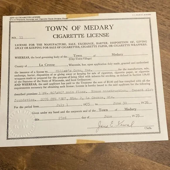 Vintage 1975 Liquor License Cigarette Permit Millers Cave La Crosse WI Ephemera