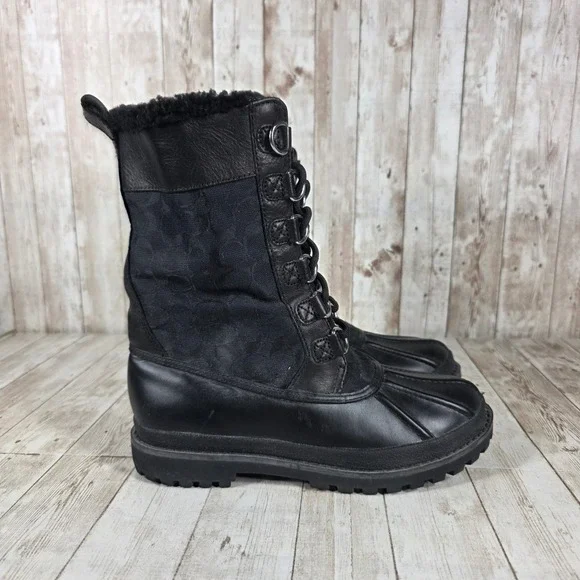 Coach‎ Laura Black Leather & Signature Fur Lined Winter Boots Womens Size 6.5B