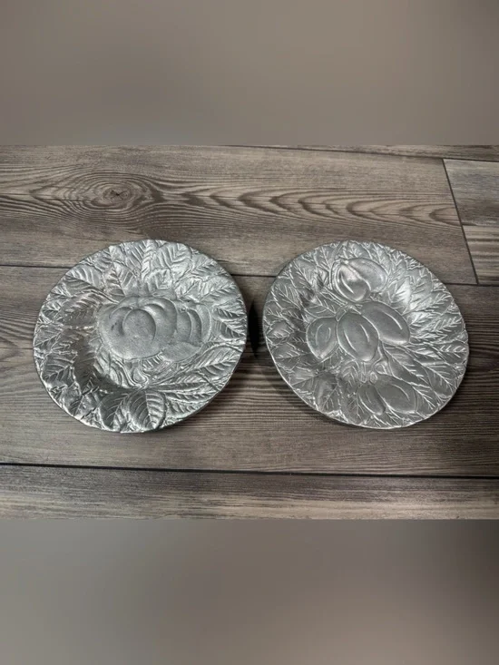 Set of 2 Vintage dinnerware pewter plates, fruit motif | 7.5”