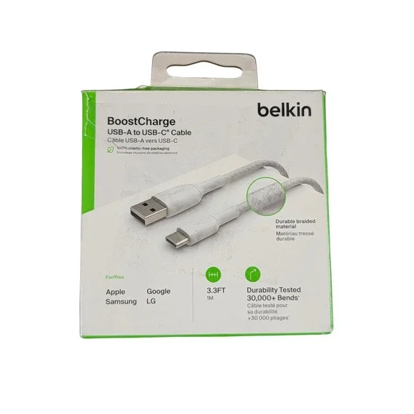 Cc9O-P Belkin BoostCharge Braided USB-C‎ to USB-A Cable 3.3ft - White, Poly