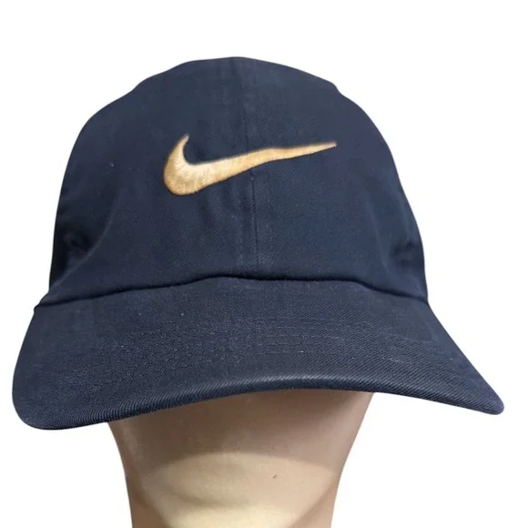 Nike Dri-FIT Navy Blue Adjustable slide Baseball Cap Gold Swoosh Hat‎  Mens