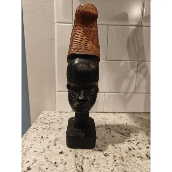 Vintage African Wood Hand Carved Wooden Sculpture Head