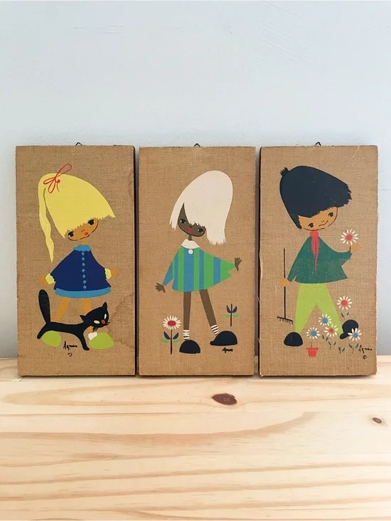 VTG Mid Century Agnes Burlap Wood Wall Art Plaque Panel MCM