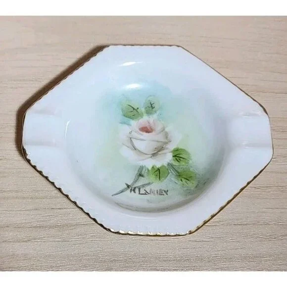 Vintage Bone China Rose ASHTRAY Ash TRAY Vanity Ladies Theatre Gift Wedding Ring