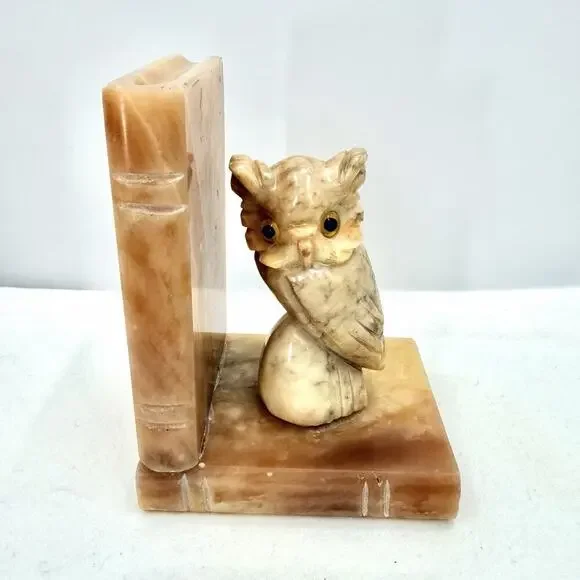 Vintage Hand Carved Alabaster Marble Owl Bookend Glass Eyes Made In Italy