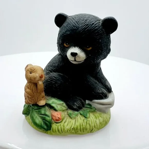 Vintage Homco Little Black Bear Cub Little Brown Bunny Rabbit Miniature #1418