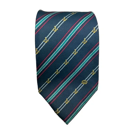 Gucci Nautical Navy Anchor Rope Striped Vintage 80's Classic Point Silk Men Tie