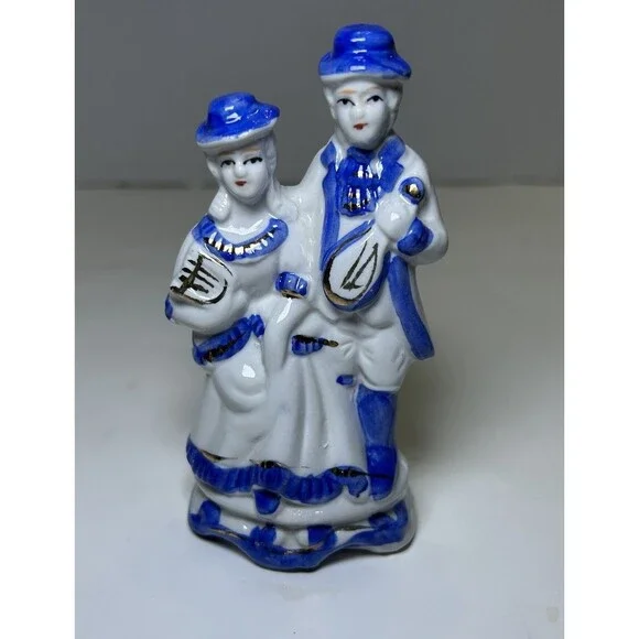 Vintage Victorian/Colonial Porcelain Couple Playing Music Figurine White/Blue
