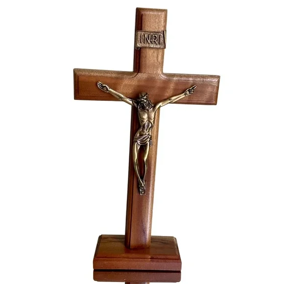 Vintage Wooden Standing Wall Crucifix Brass Corpus INRI Altar Desk Cross 11