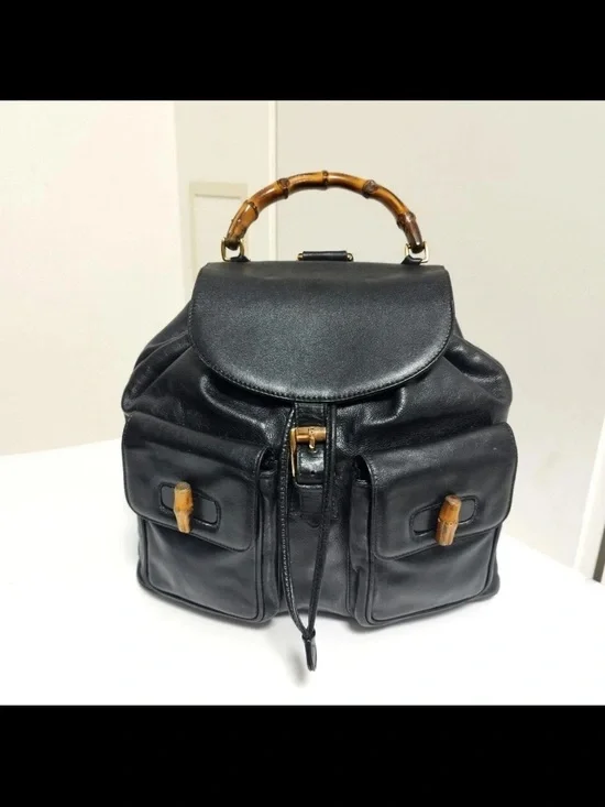 Gucci Black Leather Backpack with Bamboo Handle
