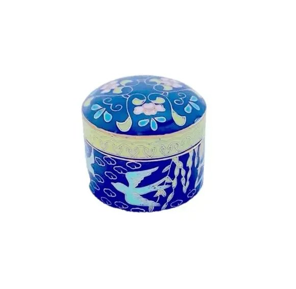 Vtg Mid-Century Cloisonné Floral Bird Trinket Pill Box Ring Holder Jewelry