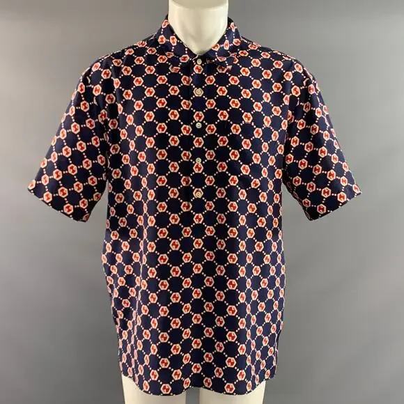 GUCCI Size M Navy Red & White Monogram Silk Pop Over Short Sleeve Shirt