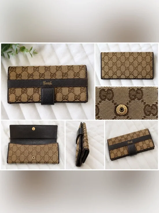 Gucci GG Monogram Canvas Continental Wallet Brown Leather Trim