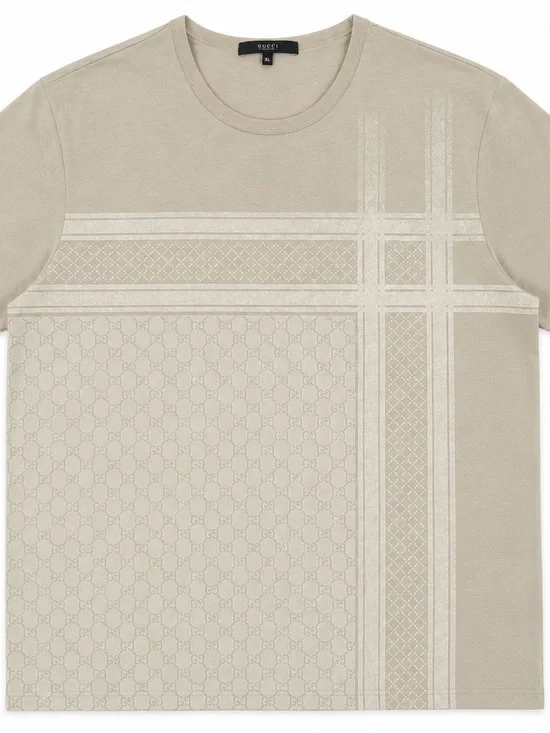 Gucci Men's Cream Short Sleeve Logo-Pattern Tee with Tonal Stripes