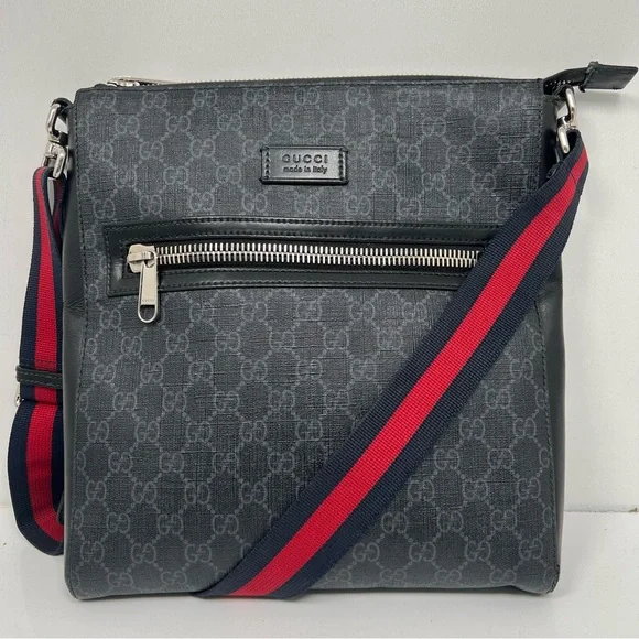 GUCCI GG SUPREME BLACK MONOGRAM WEB FLAT MESSENGER BAG