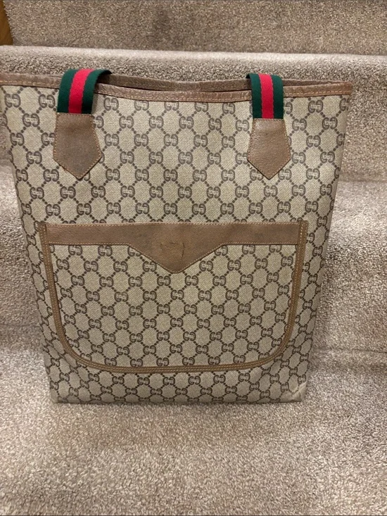 Gucci Beige GG plus  Tote with Green and Red Web Straps
