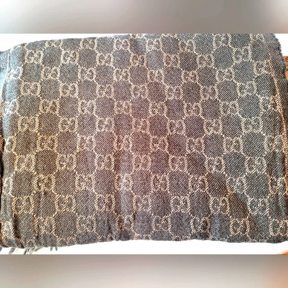 GUCCI Black GG  Monogram Silk Wool Mix Scarf Unisex