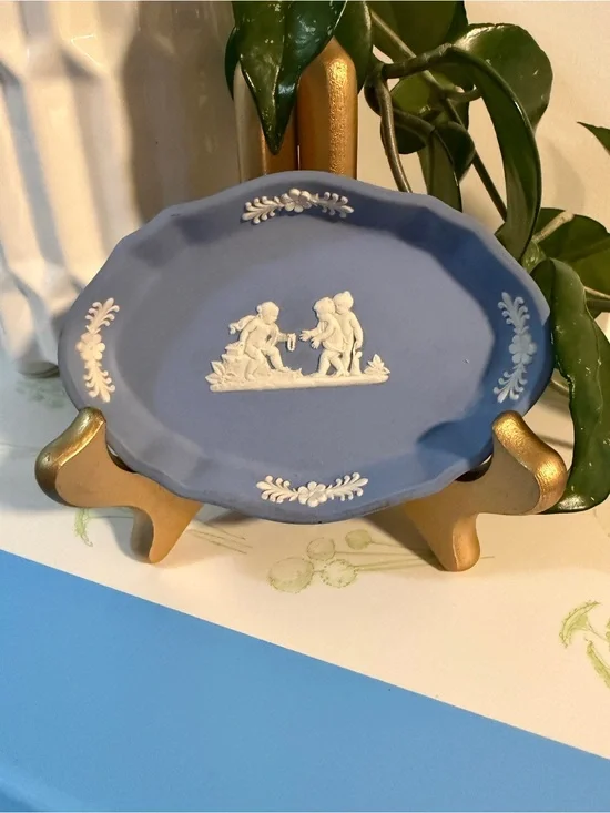 Wedgwood Blue Jasperware Oval Dish with White Relief