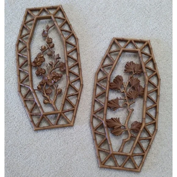 Homco Bamboo Flower Wall Plaques/Wall Hangings