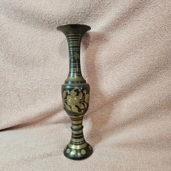 Vintage Etched Solid Brass and Black Enamel Floral Decorative Vase Made in India
