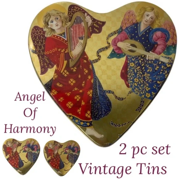 Vintage Tins Victorian Lovers Keepsake Box Heart Angel Cupid Cherub Harp Gold
