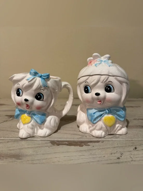 Vintage 1950s Lefton Mr. Toodles Puppy Dog Creamer & Sugar Set Retro Kitsch