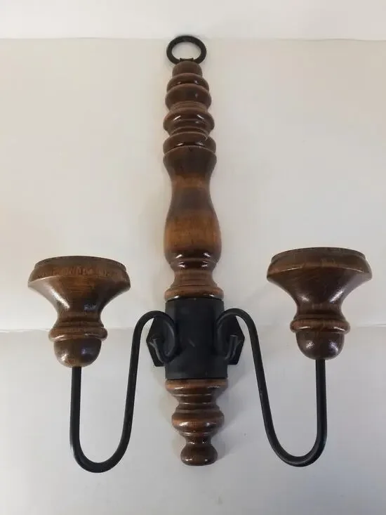Vtg Home Interiors Wood Metal Double Candle Holder Wall Sconce