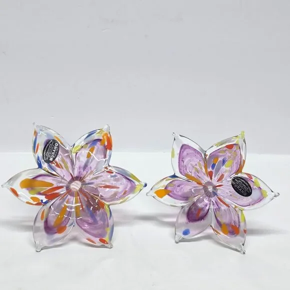 Murano Style Blown Glass Flower Set Of 2 Purple Clear Made in Italy New