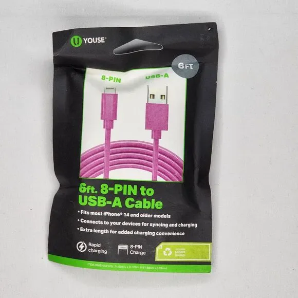 U Youse 10 Ft. 8 Pin to USB A Cable - Pink