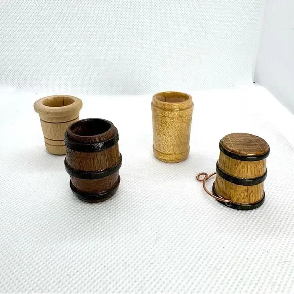 Vintage Miniature Turned Wooden Barrels & Bucket Lot Rustic Farmhouse Dollhouse